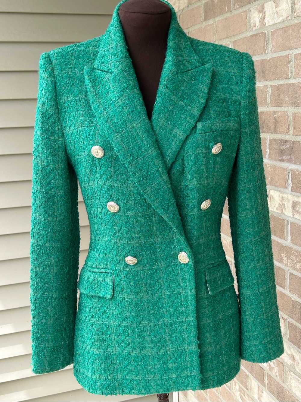 ZARA sS Emerald Green Double-Breasted Tweed Blazer